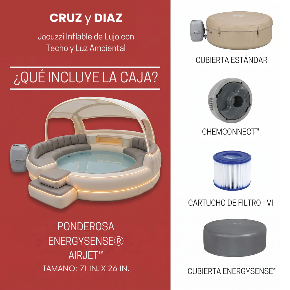 Jacuzzi inflable de lujo con techo y luz ambiental